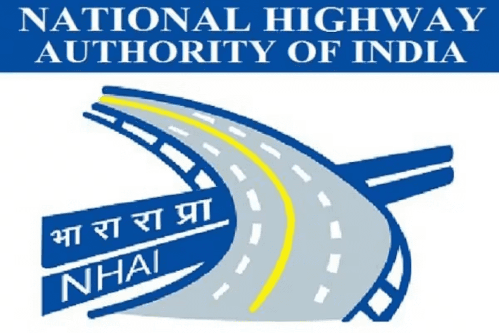 Graphic illustrating the GPS-based toll collection system on a busy Indian highway, showing vehicles equipped with FASTag passing through toll gates without stopping, with a digital overlay displaying the distance travelled and toll calculated, under clear blue skies.