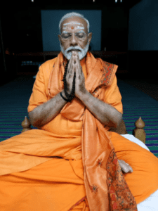 Prime Minister Narendra Modi meditates at the Swami Vivekananda Rock Memorial in Kanyakumari, Tamil Nadu.