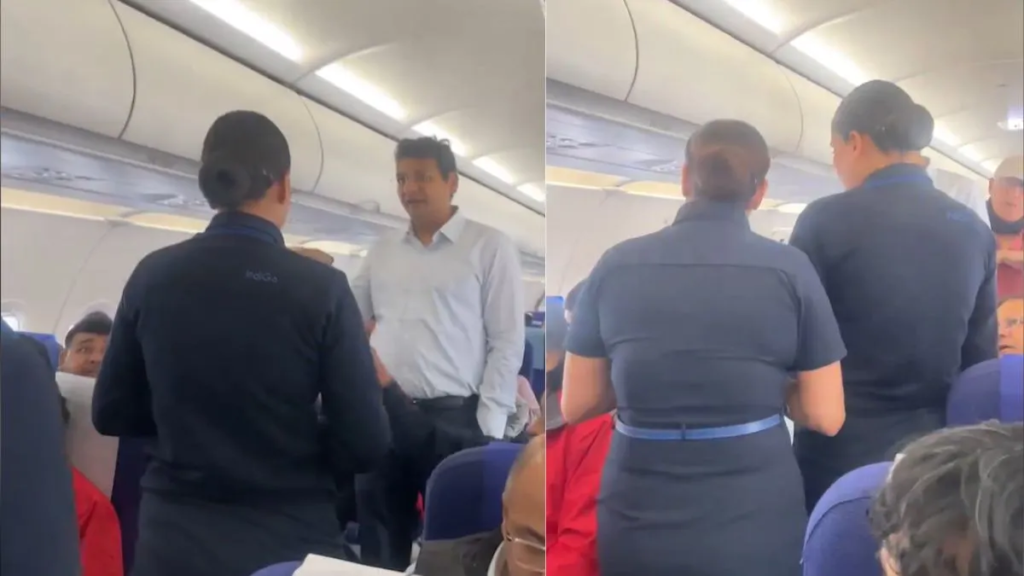 IndiGo flight cabin with frustrated passengers during a five-hour delay, showcasing crew interaction and passenger reactions.