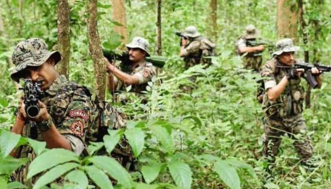 Security forces in action during an anti-Naxalite operation in the dense forests of Bijapur, Chhattisgarh.