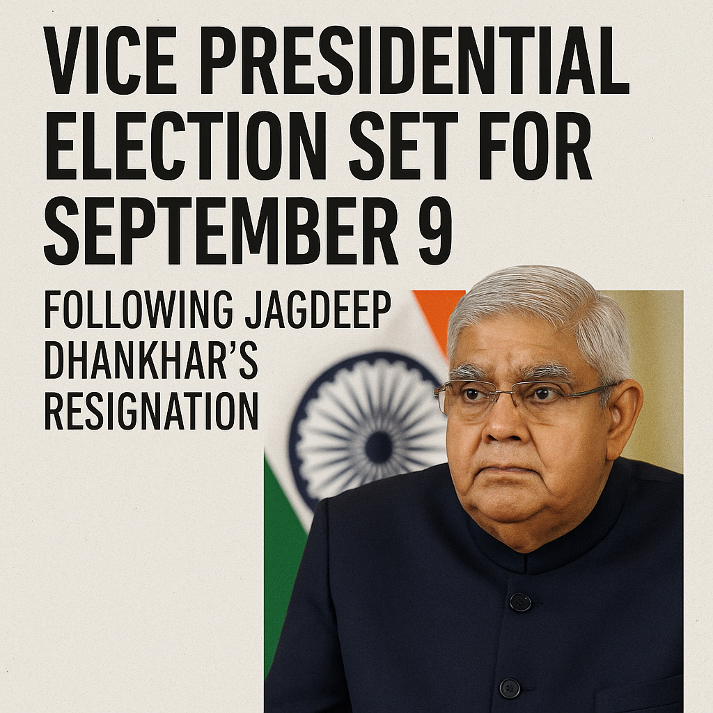 Vice Presidential Election Set for September 9 Following Jagdeep Dhankhar’s Resignation