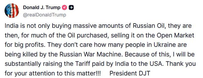 Donald Trump Vows to Hike Tariffs on Indian Goods Over Russian Oil Resale