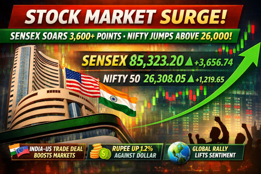 Stock Market Today: Sensex Surges Over 3,600 Points, Nifty Crosses 26,000 as India-US Trade Deal Sparks Historic Rally