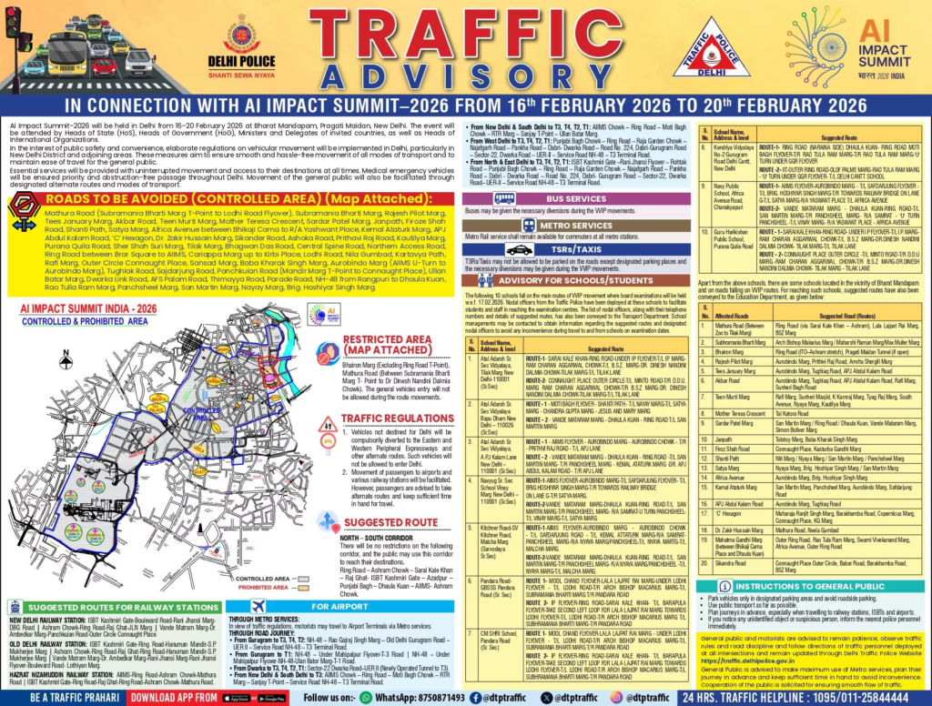 AI Impact Summit 2026: Traffic Restrictions Announced Across Central Delhi, Full Advisory for Commuters