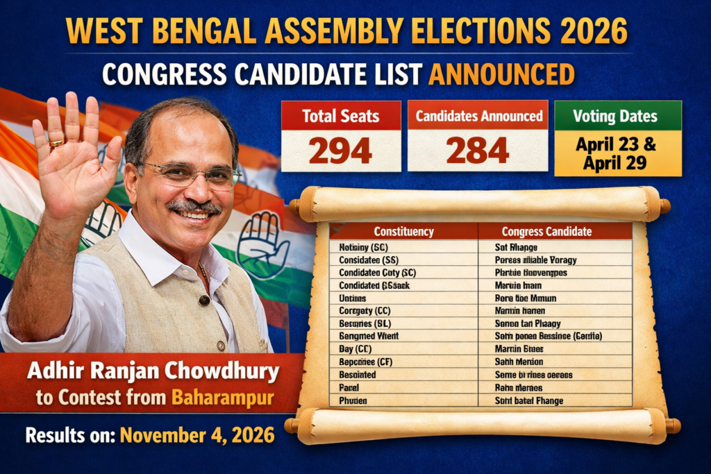West Bengal Elections 2026: Congress Releases List of 284 Candidates, Adhir Ranjan Chowdhury to Contest from Baharampur